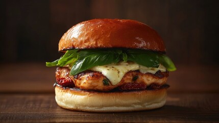 A gourmet chicken burger with melted mozzarella, fresh basil, and sun-dried tomatoes, creating a vibrant and fresh visual