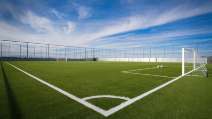 Artificial grass sports field with white lines perfect for soccer or football backgrounds