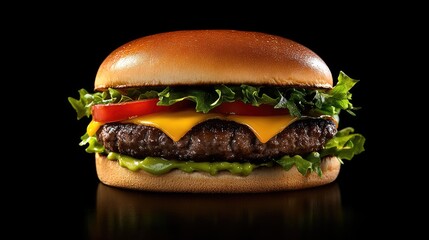 A vibrant close-up of a gourmet beef burger with melted cheddar, fresh lettuce, and juicy tomatoes on a toasted bun