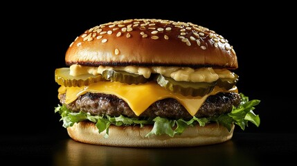 A vibrant shot of a gourmet burger dripping with cheese, layered with pickles, lettuce, and grilled onions