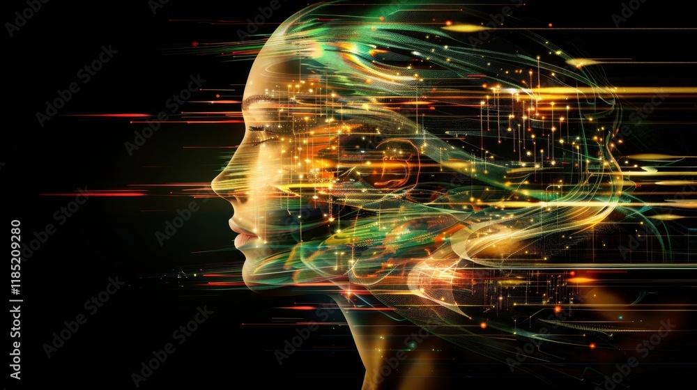 Poster abstract ai models generating vibrant stock designs with glowing neural threads.