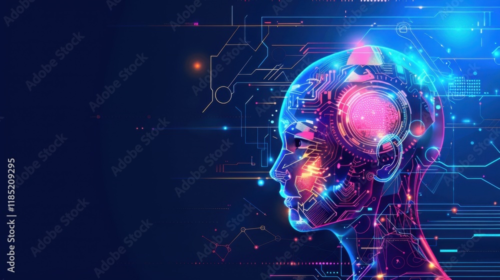 Poster abstract ai models generating vibrant stock designs with glowing neural threads.
