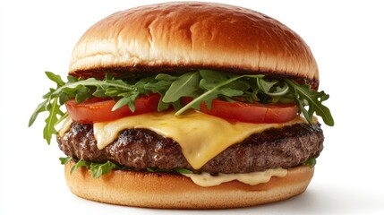 A close-up of a juicy burger with melted cheese, ripe tomatoes, and fresh arugula, served on a soft brioche bun