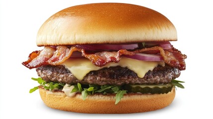 A detailed shot of a premium burger featuring crispy bacon, melted Swiss cheese, and fresh vegetables on a brioche bun