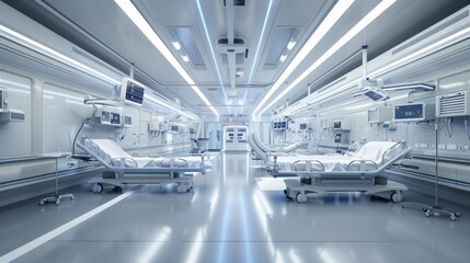 Advanced medical diagnostic equipment analyzing data in a sterile, futuristic laboratory with illuminated panels and clean design