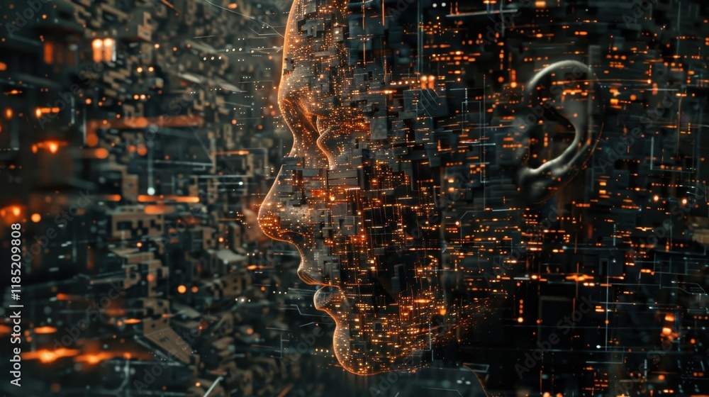 Poster ai mechanisms processing high-definition visuals, surrounded by a high-tech digital environment.