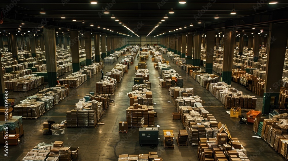 Poster automated sorting systems in a warehouse, robots efficiently organizing packages in a sprawling, wel