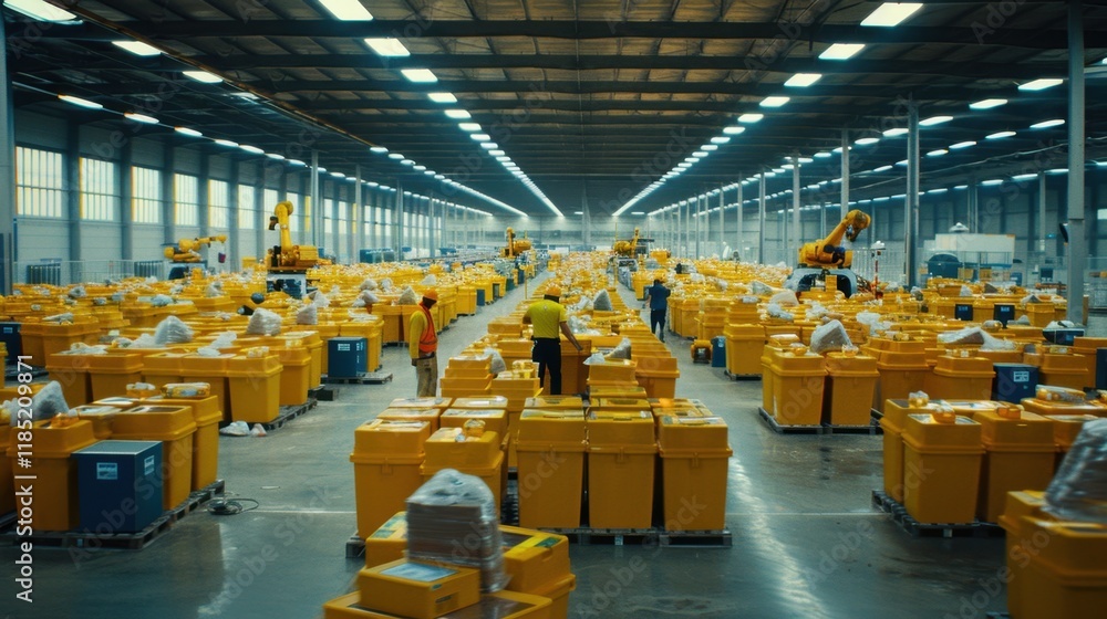 Poster automated sorting systems in a warehouse, robots efficiently organizing packages in a sprawling, wel