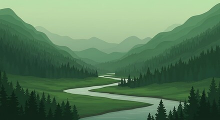 Seamless landscape. Green mountain landscape with the river in the valley.
