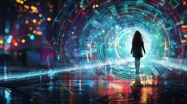 AI mechanisms processing high-definition visuals, surrounded by a high-tech digital environment.