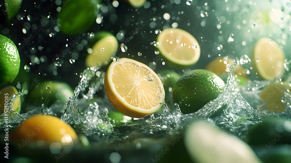 Poster lemon and lime slices flying with cold water splashing in a refreshing motion