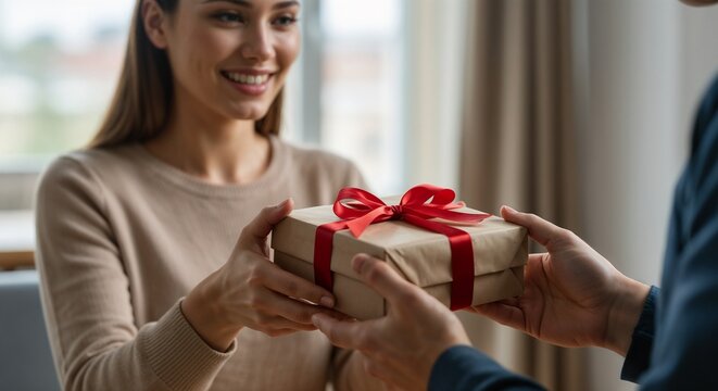A cheerful woman, smiling in a cozy indoor setting, is shown receiving a thoughtfully wrapped gift from a friend. The warm atmosphere captures the joy of gifting and connection.

