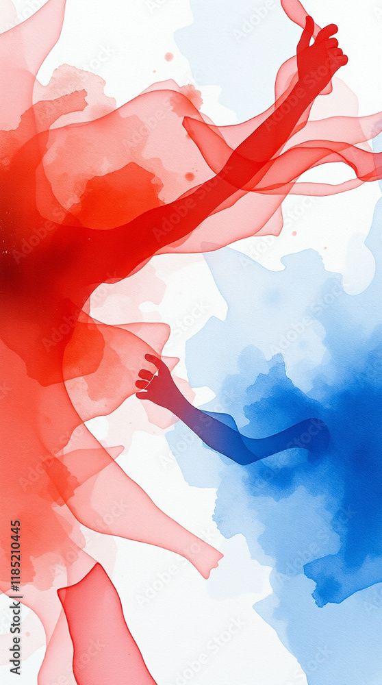 Aufkleber abstract art: red and blue watercolor forms intertwine, creating a dynamic and expressive piece. han