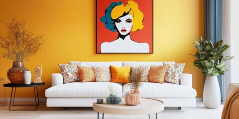 Vibrant living room interior, retro-modern design, colorful abstract portrait painting, orange curtains, beige sofa, yellow cushions, potted plants, wooden coffee table, geometric patterns, mid-centur