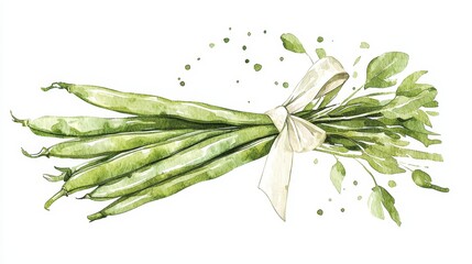 Fototapeta premium A bouquet of green beans tied with a digital ribbon, watercolor style, soft pastel greens, light strokes, gentle white background