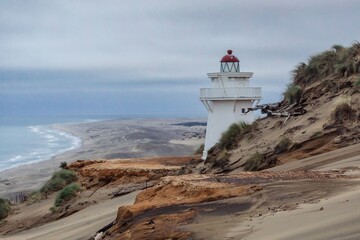 Coastal lighthouse on eroding sand dunes. Ocean waves crash against the shore. Nature's powerful forces. POUTO LIGHTHOUSE, POUTO, NORTHLAND, NEW ZEALAND