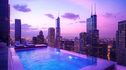Obraz premium Rooftop infinity pool with city skyline at sunset.