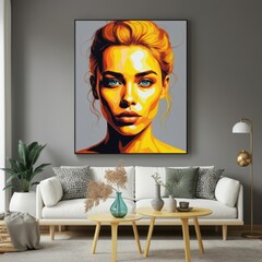 Vibrant portrait painting, intense gaze, colorful background, yellow and orange, blue highlights, textured brushstrokes, contemporary art style, living room interior, white sofa, decorative pillows, t