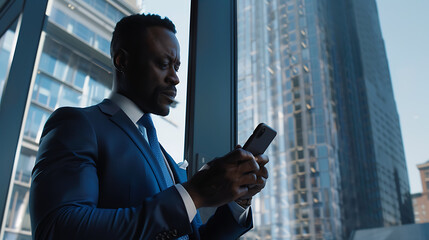 Fototapeta premium Black Businessman Using Smartphone in Modern City