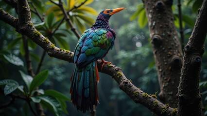 Obraz premium A vibrant toucan perches on a branch, its bright orange beak glistening as it surveys its surroundings with bold blue, green, and purple plumage