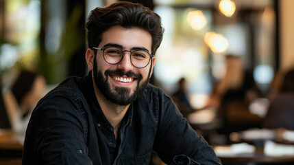 Obraz premium Smiling man in cafe, enjoying relaxed atmosphere with friends