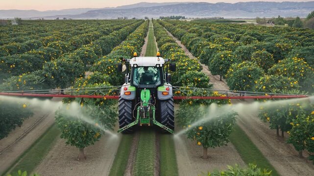 Harvest Season. Tractor Spraying Orchard Rows 