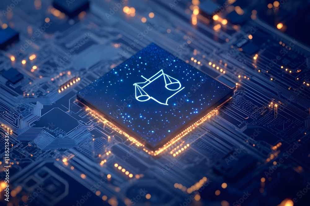 Poster scales of justice icon on microprocessor circuit board