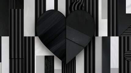 Black and white art deco background with a heart shape