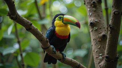 Fototapeta premium A vibrant toucan perches on a branch, its stunning, rainbow-hued beak leading the way as it gazes forward with bright eyes