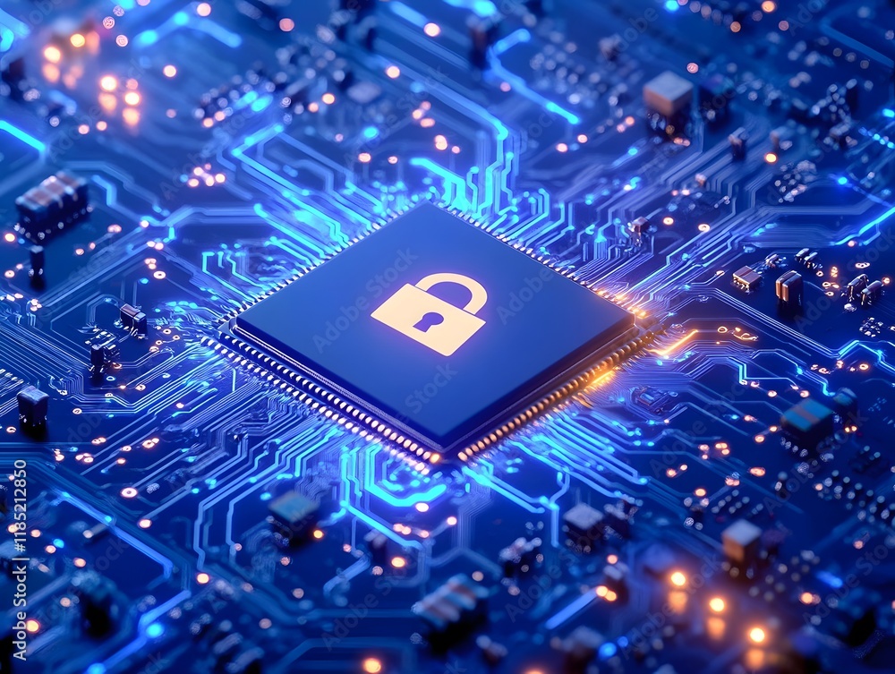 Poster padlock icon on microchip circuit board