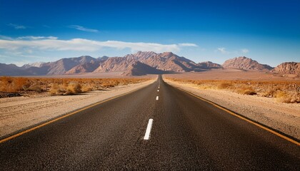 Driving on the open road in the desert with mountain backdrop. Generated image