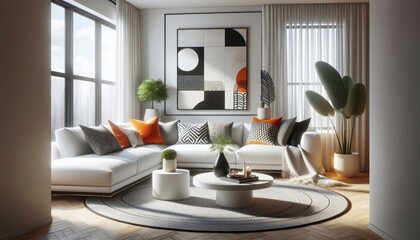 Modern living room, industrial loft, floor-to-ceiling windows, exposed concrete walls, large white sectional sofa, orange accent pillows, abstract wall art, black pendant lights, indoor plants, black 