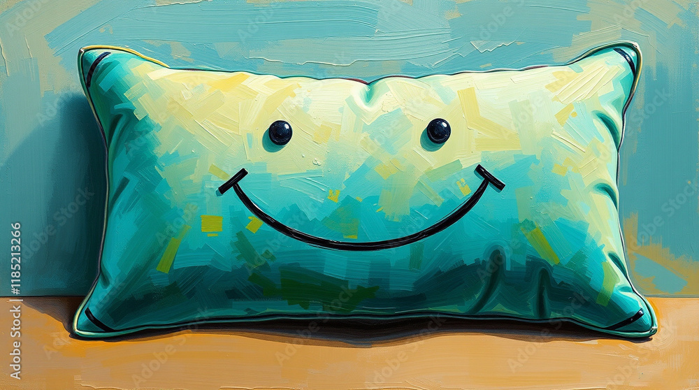 Poster happy teal pillow with a smiling face. perfect for adding a cheerful touch to any room or design pro