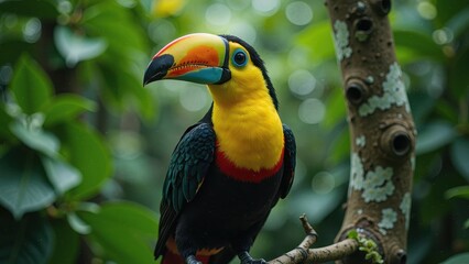 Obraz premium A vibrant toucan stands proudly on a branch, its striking plumage a stark contrast to the lush green foliage behind it. Its bright, rainbow-hued beak glows like a miniature sunset
