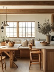 Fototapeta premium Rustic Kitchen Breakfast Nook With Wooden Beams And Natural Light