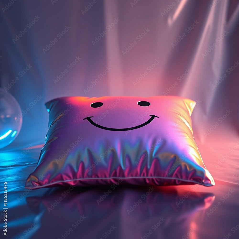 Poster iridescent pillow with a smiley face, illuminated by colorful lights. perfect for adding a touch of 
