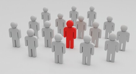 A central red figure stands surrounded by white figures, symbolizing uniqueness, leadership, and distinction. This metaphorical representation conveys individuality and being the focal point in a grou