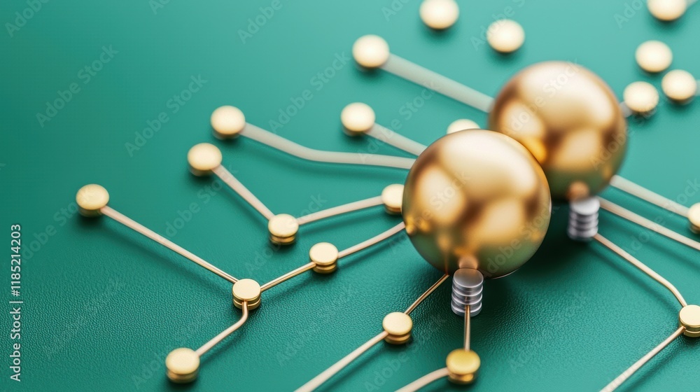 Poster the image features two golden spheres connected by lines on a green background, representing a conce