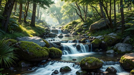 静寂の森と清流の美しい調和	