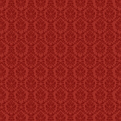 Deep red textured damask seamless pattern with small ornate floral motifs. Ideal for luxury fabric, wallpaper, backgrounds, and classic decorative themes.