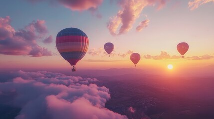 Fototapeta premium Colorful hot air balloons fly above a cityscape at sunset, with fluffy clouds below and a golden sun in the distance.