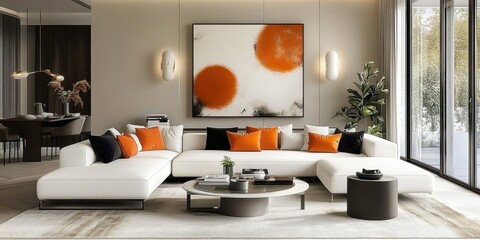 Modern living room, industrial loft, floor-to-ceiling windows, exposed concrete walls, large white...