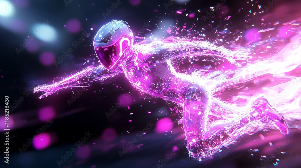 Poster futuristic runner in vibrant neon light, dissolving into particles, dynamic motion blur.