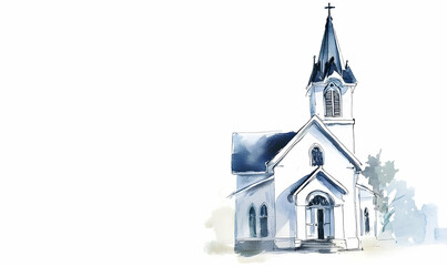 Watercolor church steeple, peaceful landscape, wedding invite