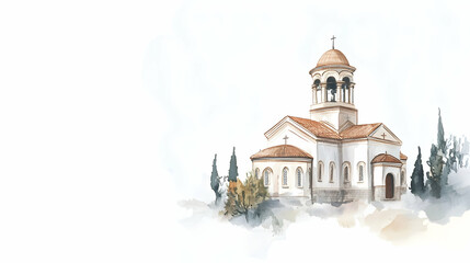Watercolor Church, Hillside, Mediterranean, Peaceful, Invitation