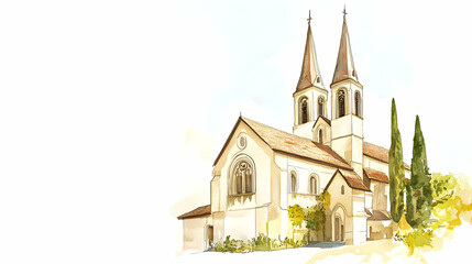 Watercolor church illustration, Tuscan landscape, wedding invitation