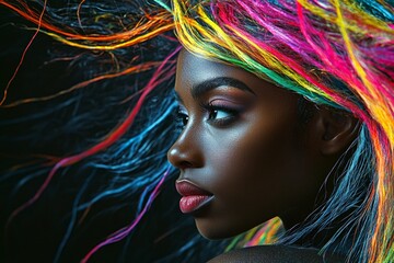 Commercial ad concept art. Attractive calm black girl - for ads, magazine ad and internet marketing networks use. Long hairdo - multicolored hair. Beautiful african advertising photography.