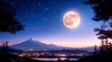 Fototapeta premium Majestic full moon over mountain range and town at night.
