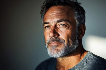 Fototapeta premium Middle aged man with beard and kind eyes posing against a bright white background