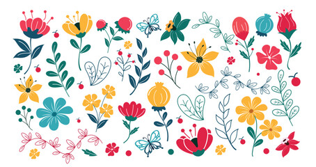Flower spring drawing clipart set. Colorful flowers clip art with butterfly, leaves and berries floral flat collection for holiday decorative design. Vector illustration hand drawn flora design.
